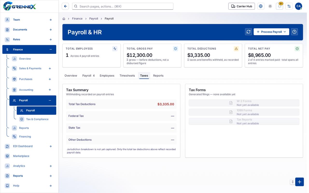 Taxes tab