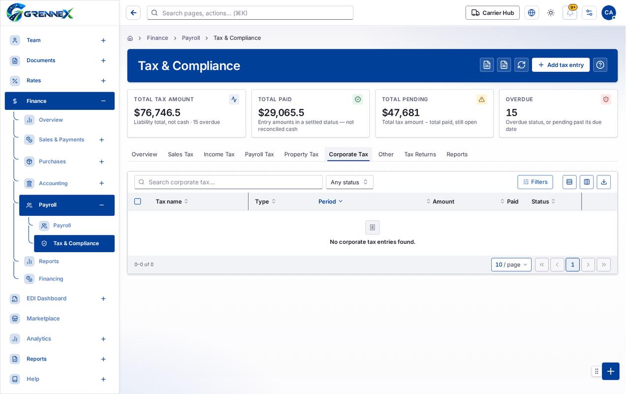 Corporate Tax tab
