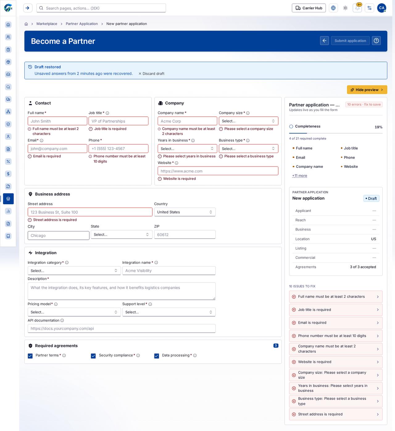 New partner application