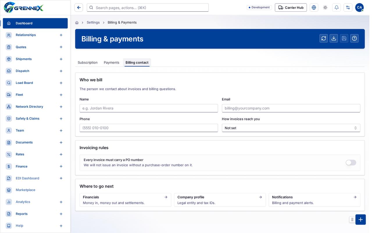 Billing contact tab