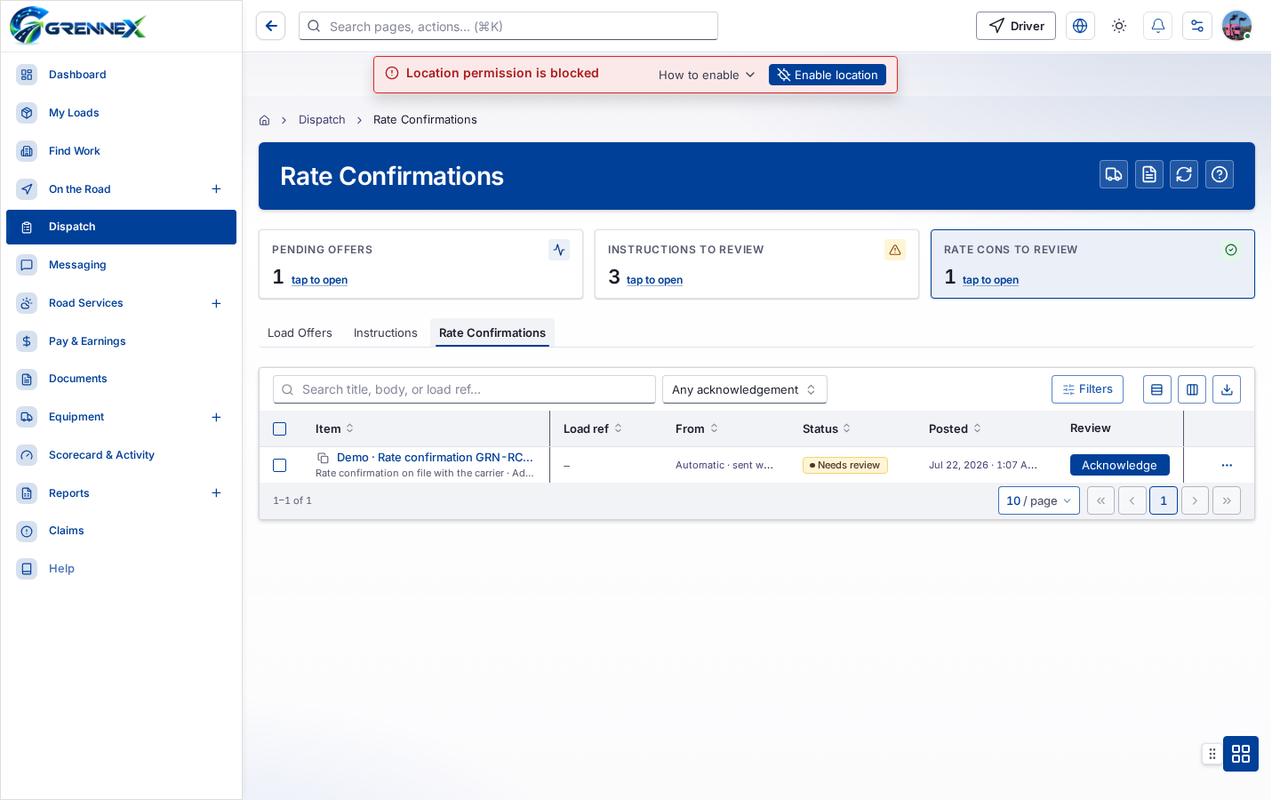 Rate Confirmations tab