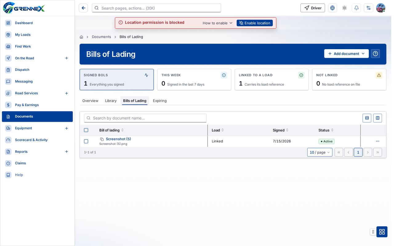 Bills of Lading tab