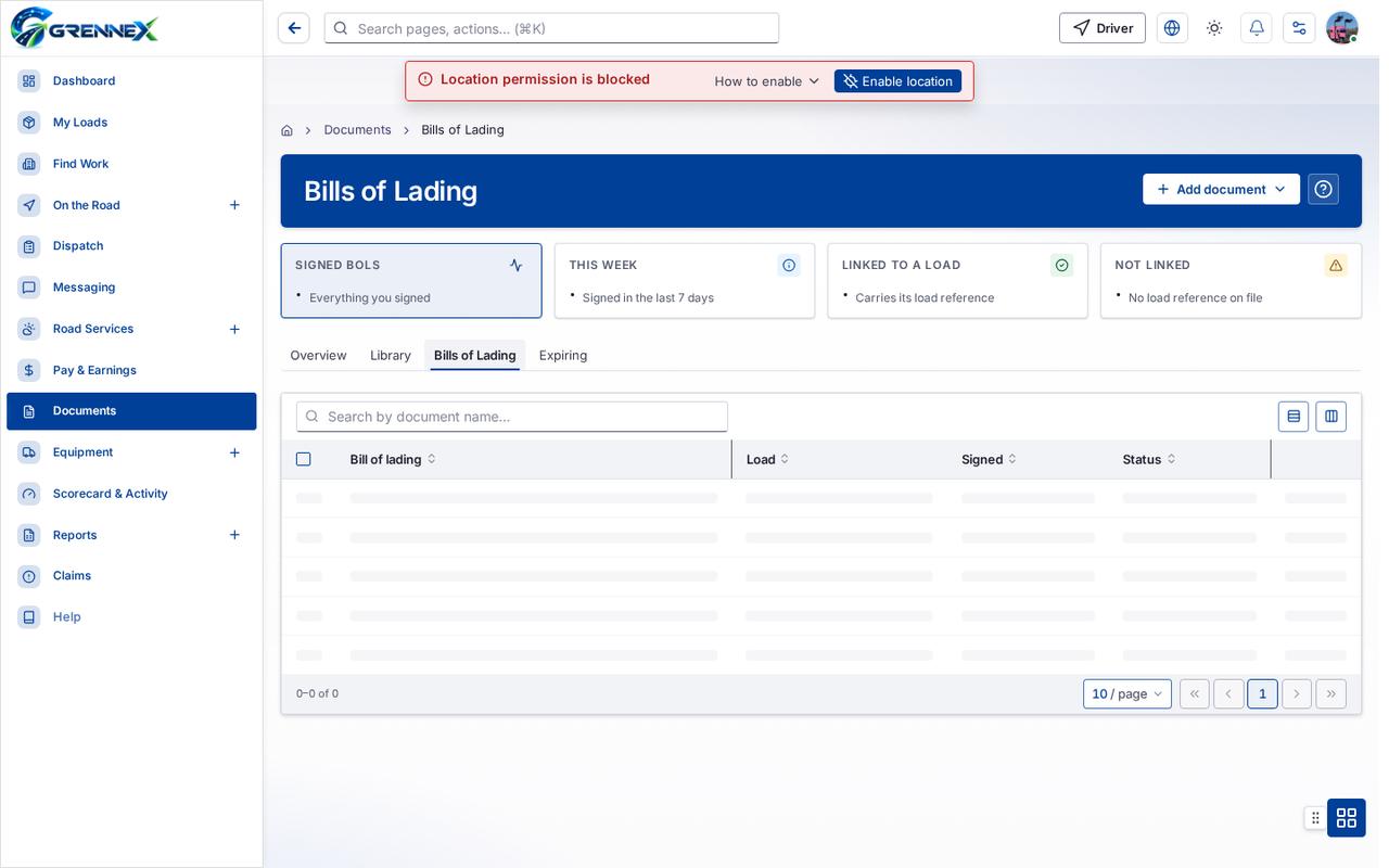 Bills of Lading tab